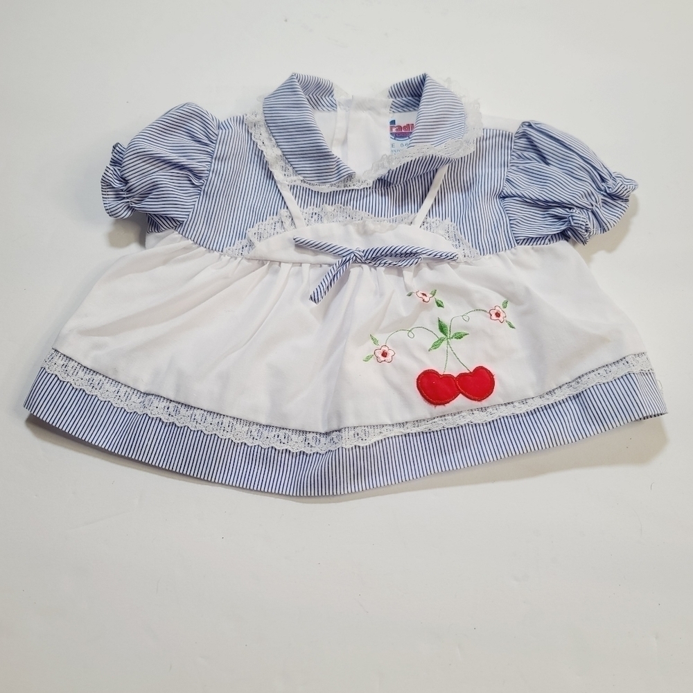 Vintage 90s Cradle Togs Blue Striped Cherry Print Baby Girl Dress 0-6 mths